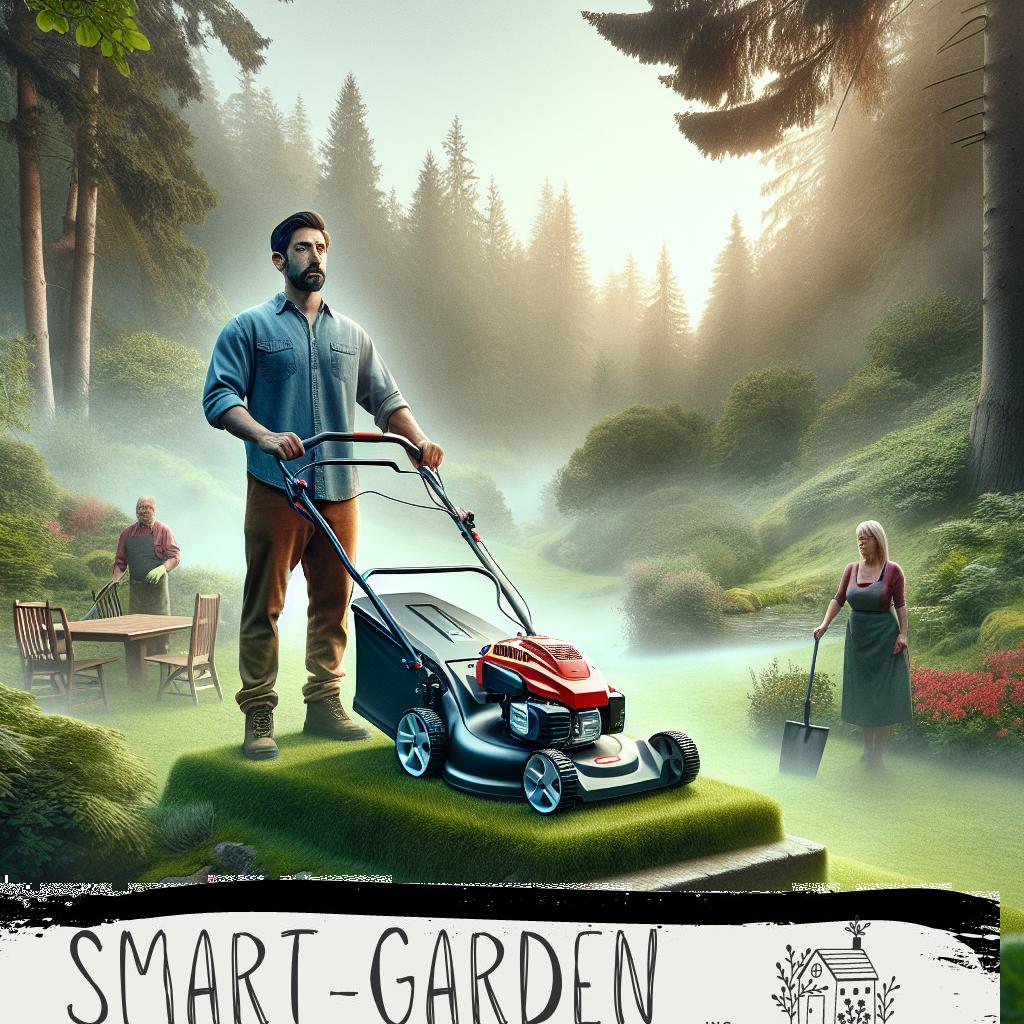 ALT-Text: „Moderner Rasentrimmer im Garten, umgeben von frisch gemähtem Gras und bunten Blumen – ideal für die Pflege Ihrer Rasenflächen.“