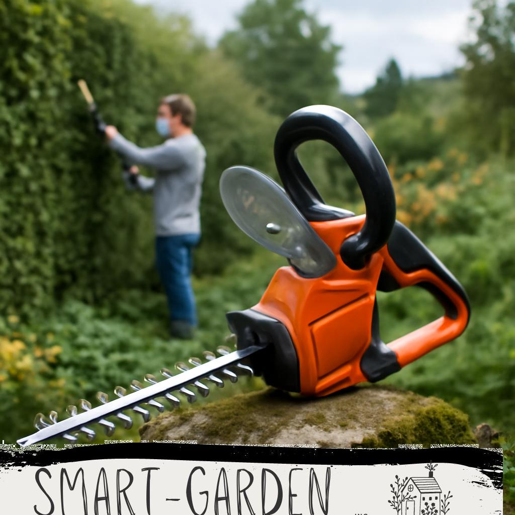 ALT-Text: Moderne Heckenschere im Garten beim Schneiden von grünen Hecken