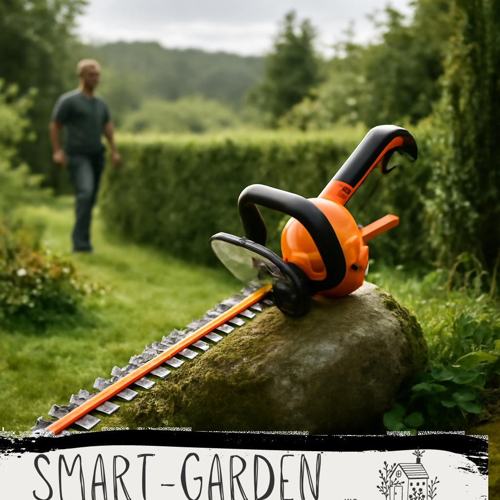 ALT-Text: Moderner Heckenschneider im Garten, bereit zum präzisen Formschnitt von Hecken und Sträuchern.