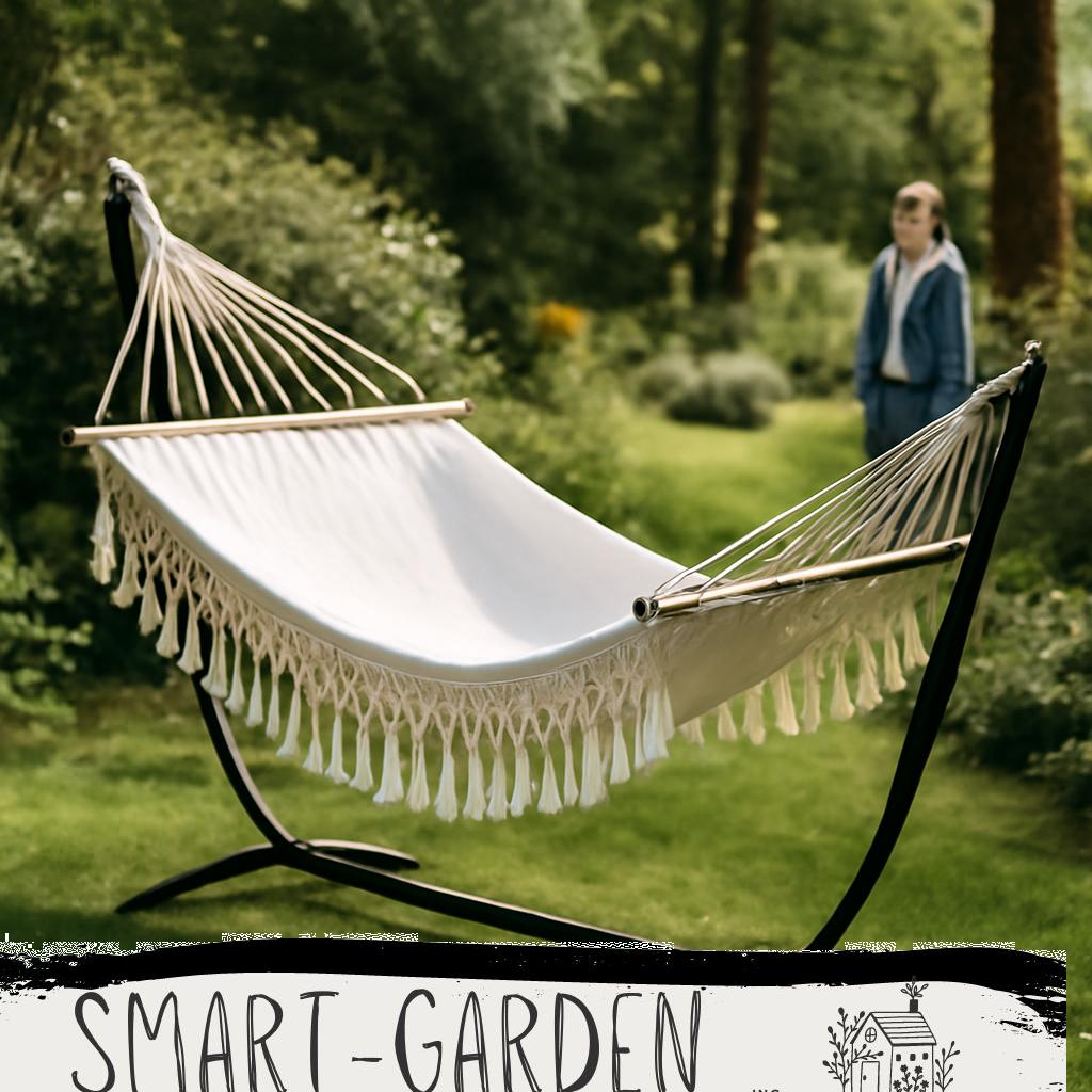 ALT Text: „Gemütliche Hängematte für den Garten zwischen zwei Bäumen aufgehängt, umgeben von grünem Gras und strahlendem Sonnenschein“