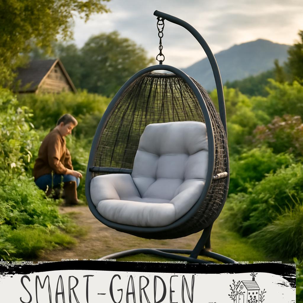 Hängesessel für den Balkon in gemütlicher Gartenecke mit grünem Pflanzenhintergrund und weichen Kissen.