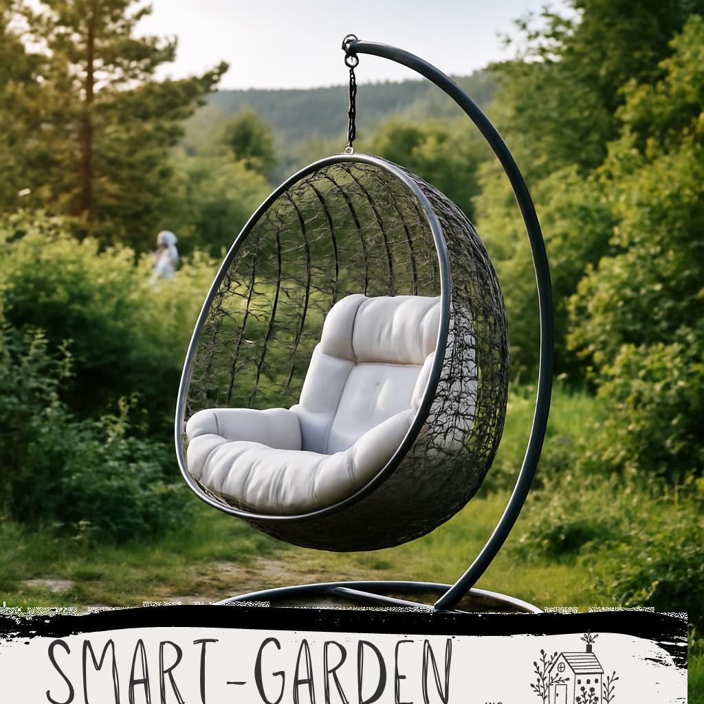 ALT-Text: Moderner Hängesessel mit stabilem Metall-Gestell im Garten, umgeben von grünen Pflanzen und gemütlicher Atmosphäre.