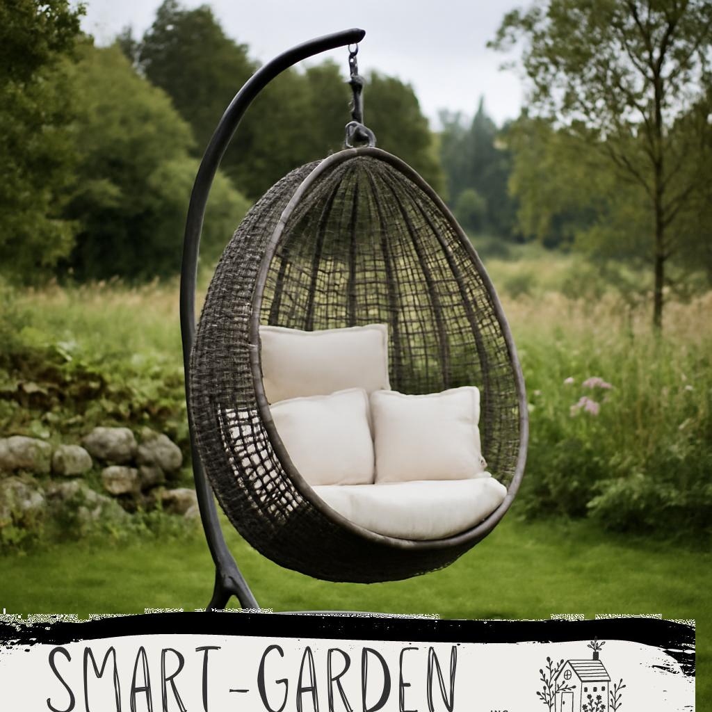 Hängesessel aus Polyrattan im Garten, gemütlicher Sitzplatz unter freiem Himmel mit grünem Pflanzenhintergrund