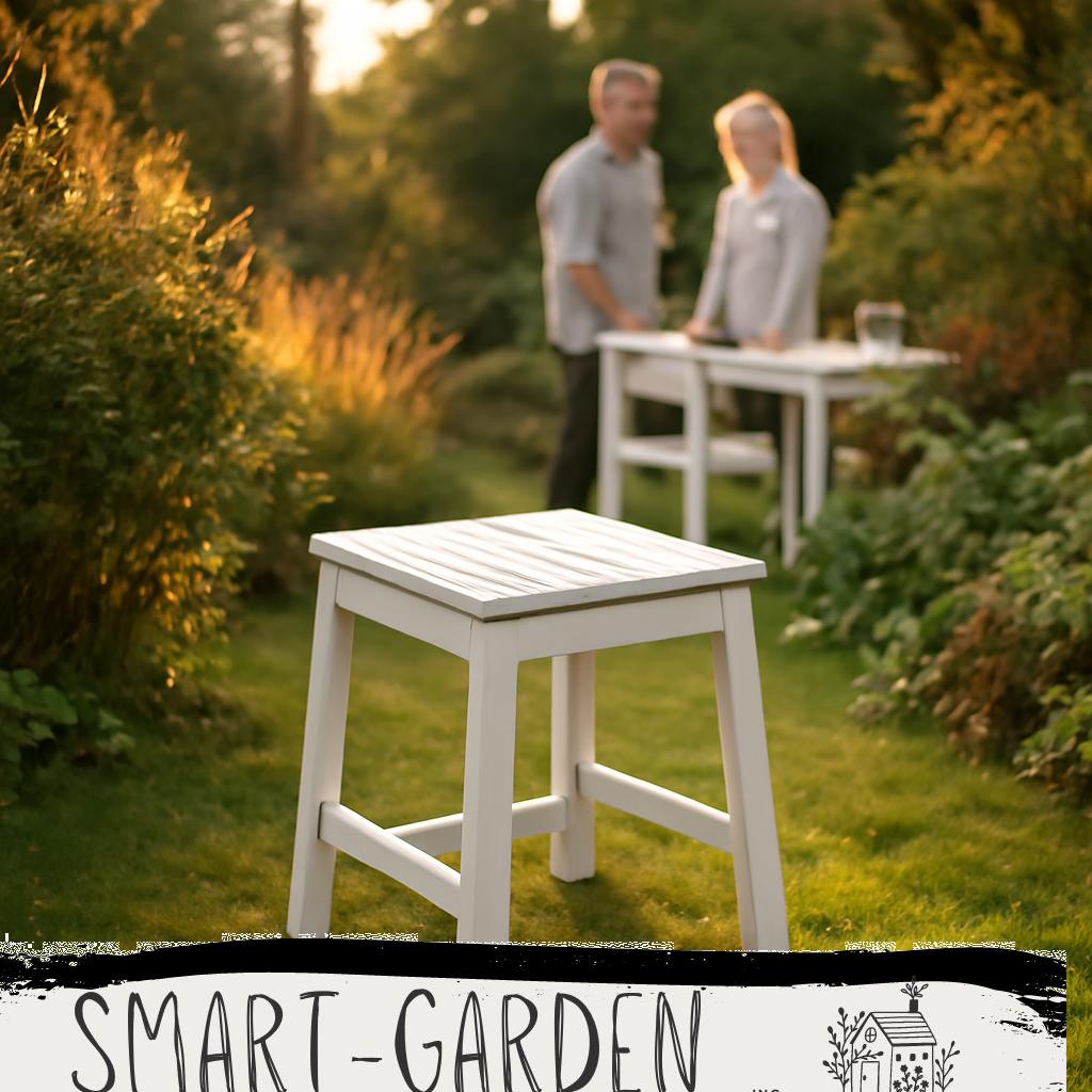 ALT-Text: Mehrere stilvolle Hocker für den Gartentisch aus wetterfestem Material, arrangiert im sonnigen Garten neben einem Holztisch.