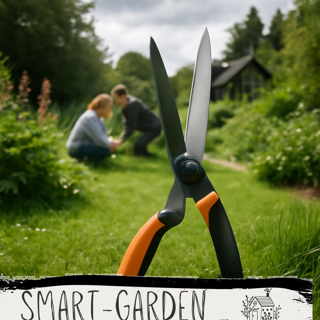 ALT Text: Hochwertige Grasschere mit ergonomischem Griff für präzises Schneiden im Garten auf grünem Rasenhintergrund