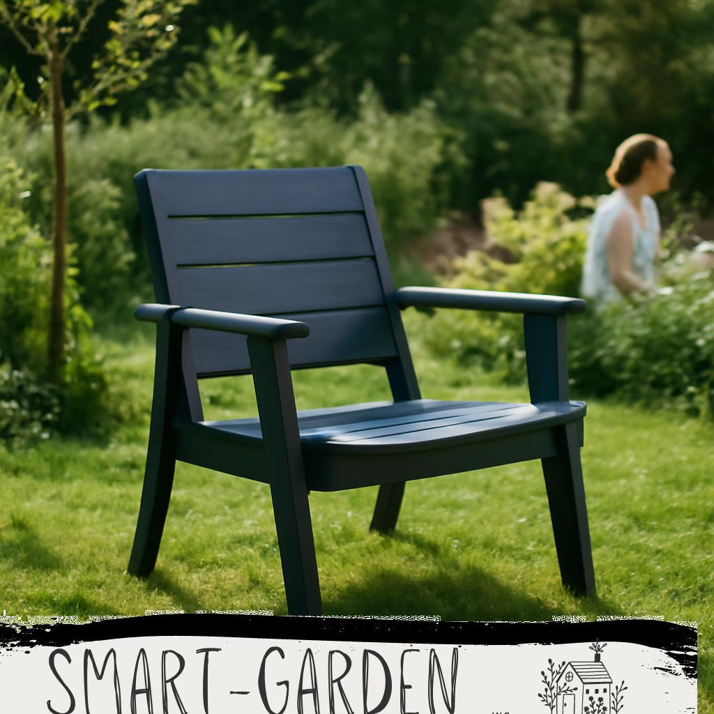 Gartenstuhl mit Armlehnen aus Holz auf sonniger Terrasse im grünen Garten