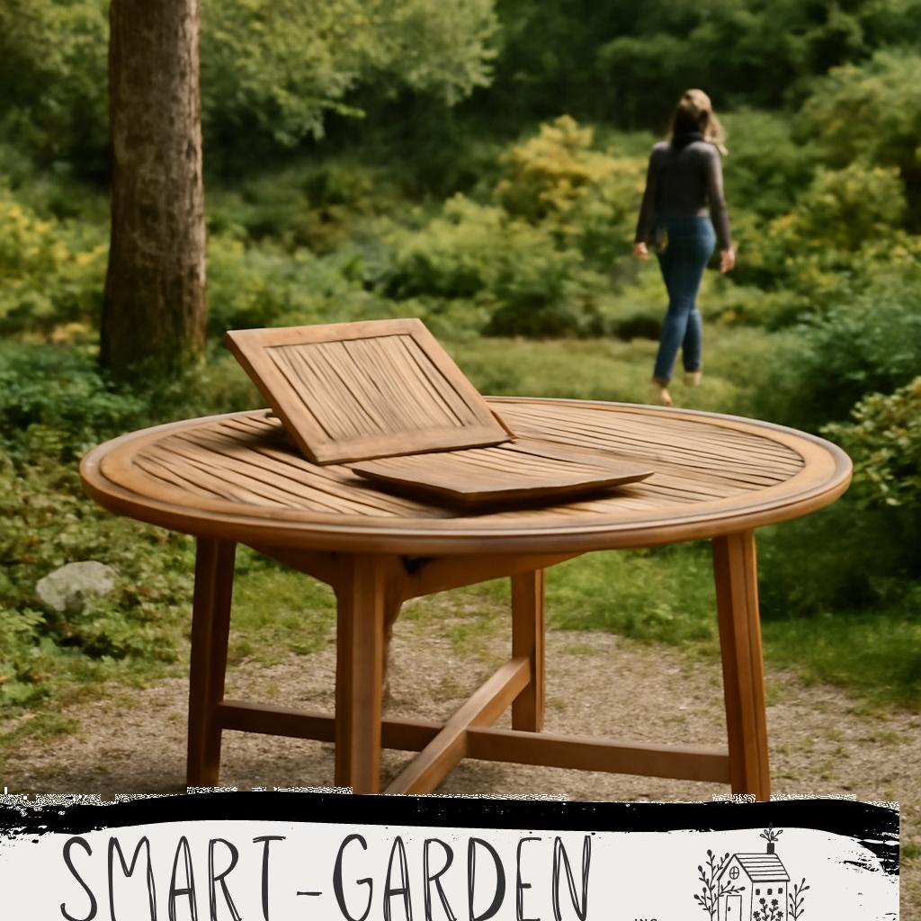 Gartentisch mit Klappeinlage aus Holz im sonnigen Garten, ideal für flexible Nutzung und gesellige Stunden im Freien