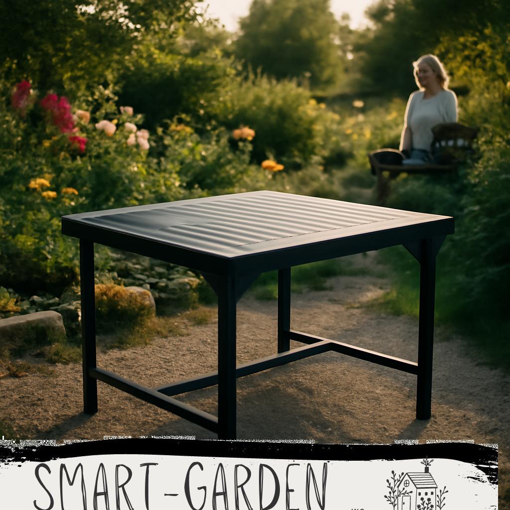 Moderner Gartentisch aus Metall auf einer sonnigen Terrasse im Garten, umgeben von grünen Pflanzen und Gartenmöbeln.