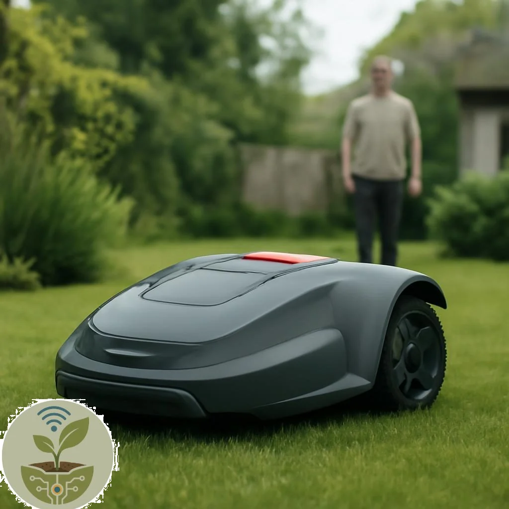 Mähroboter auf Rasenfläche neben Blumenbeet