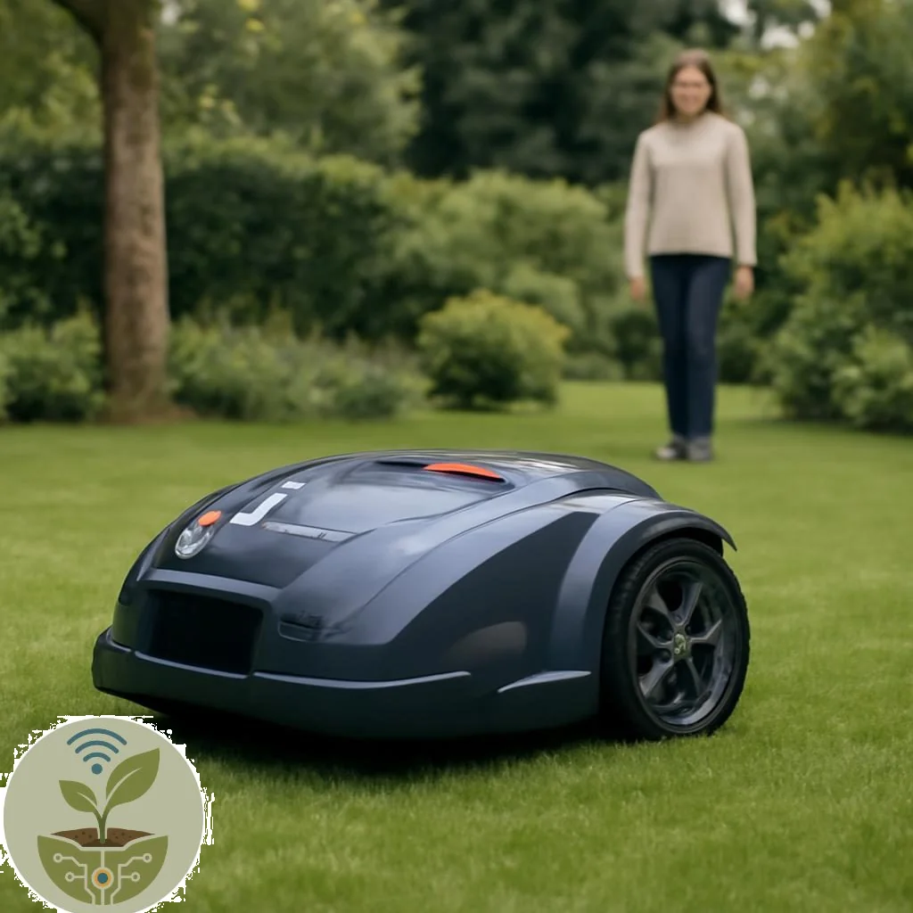Mähroboter für große Gärten auf weiträumigem, gepflegtem Rasen