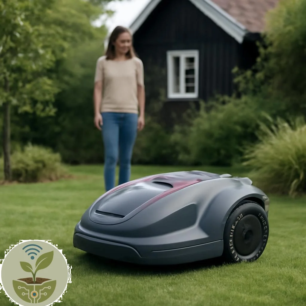Kompakter Mähroboter für kleine Gärten auf gepflegtem Rasen