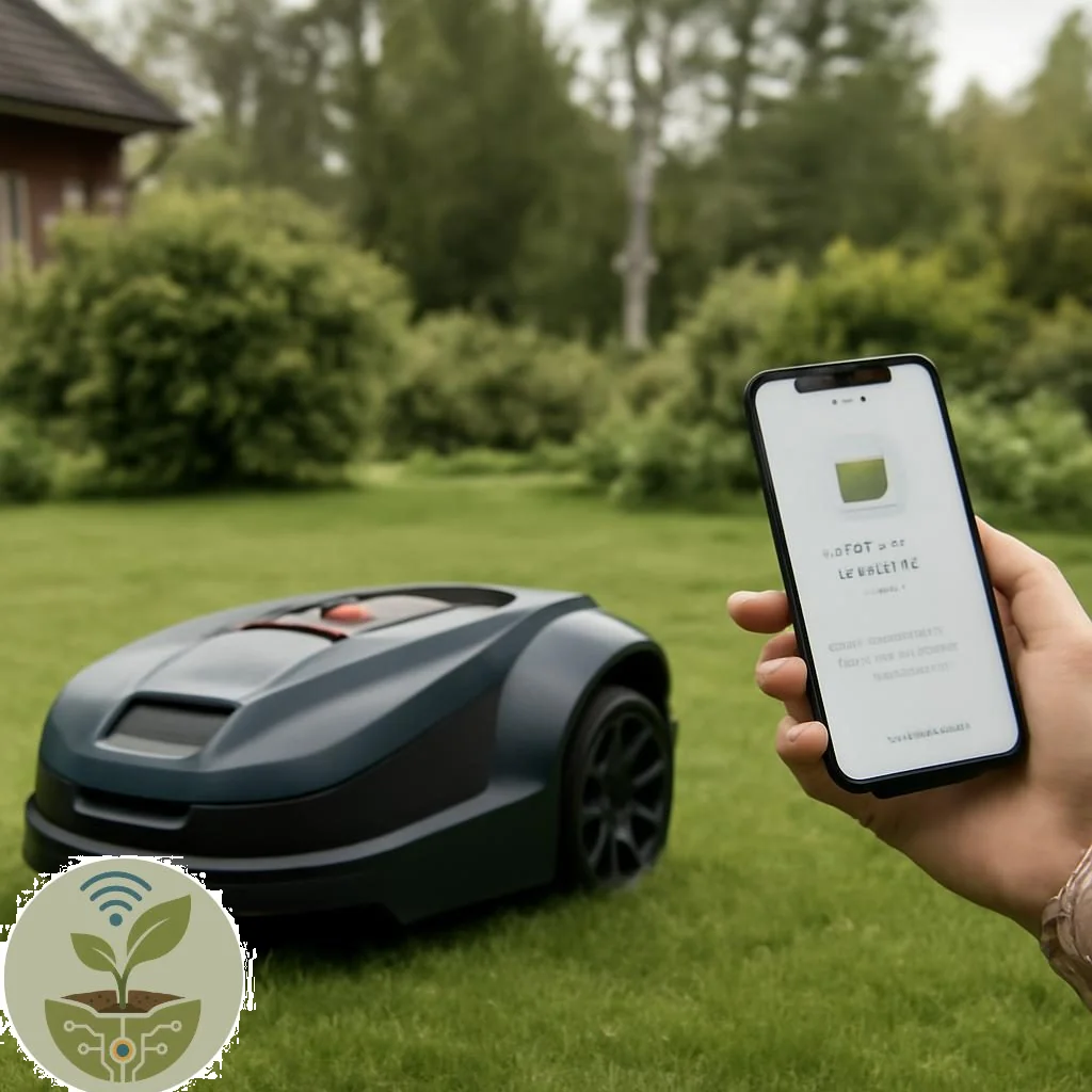 Mähroboter mit App neben Smartphone auf gepflegtem Rasen