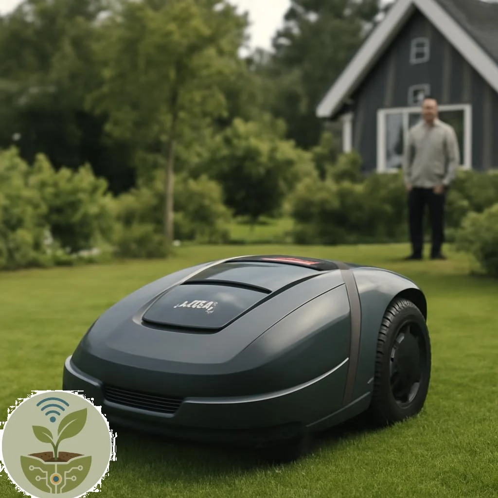 Mähroboter mit GPS auf Rasenfläche vor Haus und Büschen