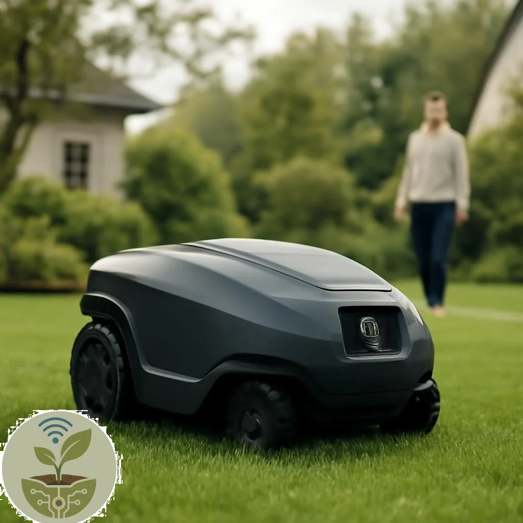 Mähroboter mit Kamera fährt über Rasen in Smart Garden-Umgebung