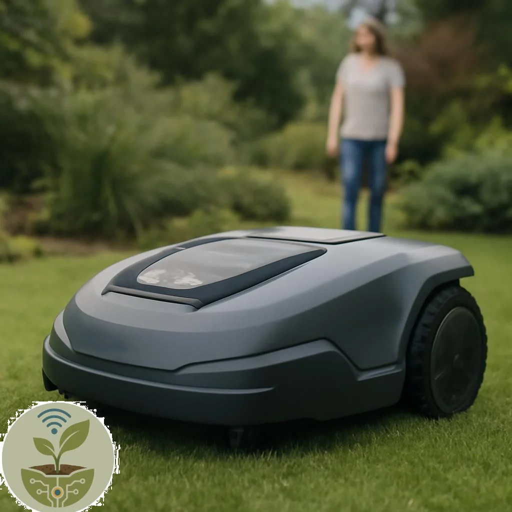 Mähroboter mit Regensensor auf Rasenfläche bei leichtem Regen