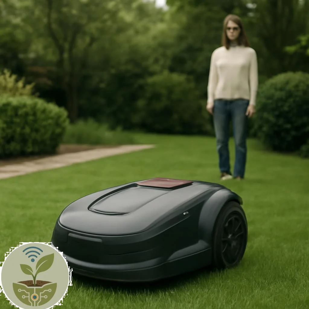 Rasenroboter mähend auf grünem Gartenrasen neben Blumenbeet